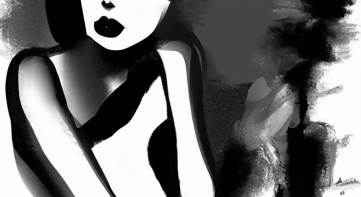 Prompt: slim pale woman with a black bob, elegant, digital painting, black and white