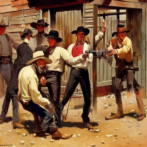 Image similar to cowboys shoot it out in a bar of a western town, 1890s, dynamic, by tom lovell and frank schoonover and dean cornwell and phil hale