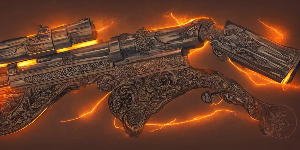 Prompt: a magic shotgun made out of wood, glowing in power, digital art, intricate details, professional