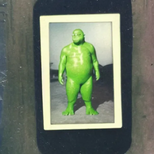 Image similar to found polaroid photo, flash, interior abandoned fast food place, evil mutant gelatinous creature standing