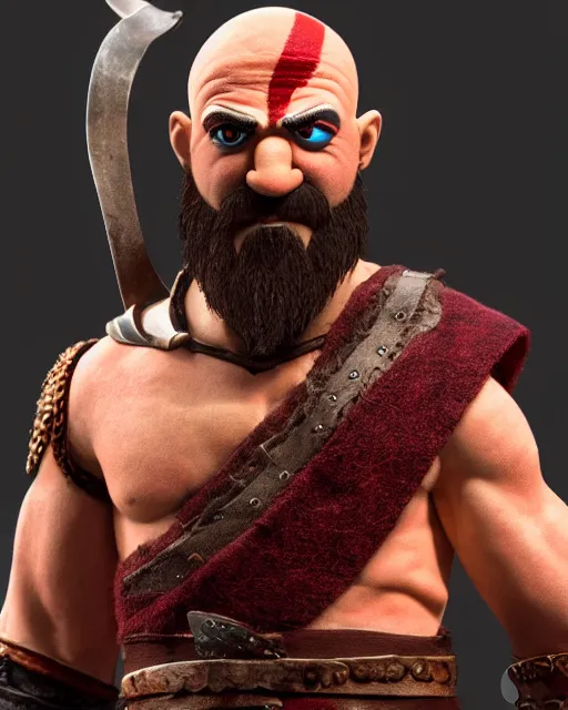 Image similar to kratos as a muppet. highly detailed felt. hyper real photo. 4 k.