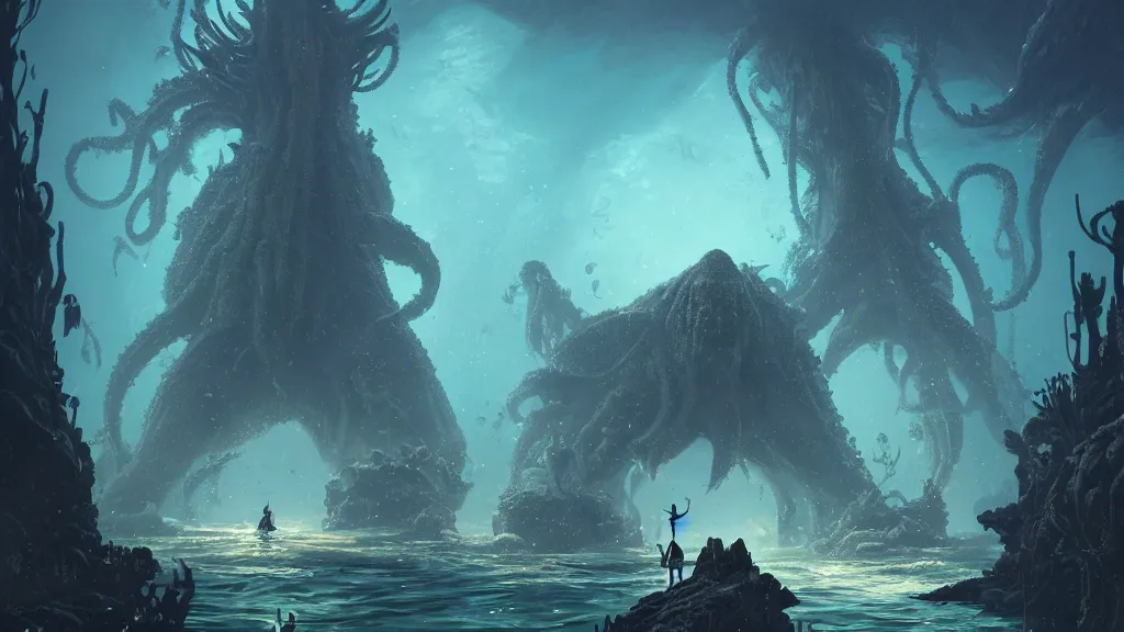 Image similar to A diver is under the sea, he is swimming away from the giant Cthulhu that is behind hunting him, this is an extravagant planet with wacky wildlife and some mythical animals, the background is full of ancient ruins, the ambient is dark with a terrifying atmosphere, by Jordan Grimmer digital art, trending on Artstation,