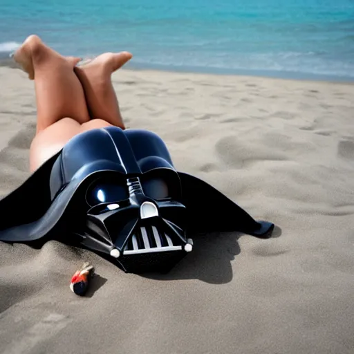 Image similar to darth vader sunbathing in the beach while reading