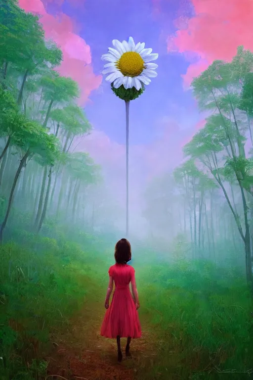 Image similar to giant daisy flower head, girl walking in a green forest, surreal photography, sunrise, dramatic light, impressionist painting, colorful clouds, digital painting, artstation, simon stalenhag