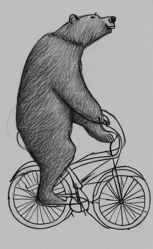 Image similar to sketch drawing of a bear riding a bicycle