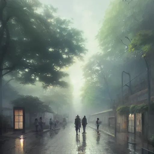 Image similar to walking from naka - meguro, tokyo. volumetric lighting, spring afternoon, overcast weather, realistic illustration, perfectly shaded, soft painting, art by krenz cushart and wenjun lin