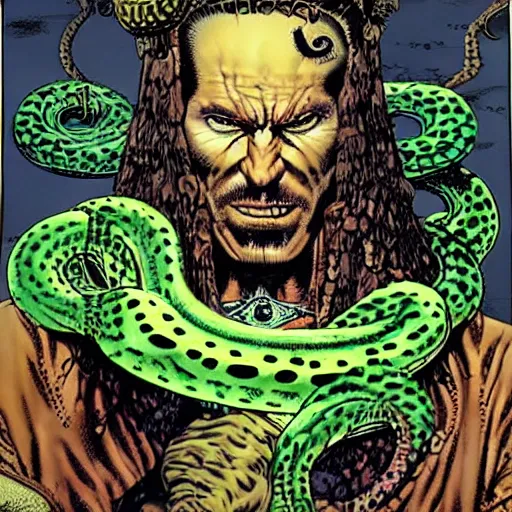 Prompt: a mysterious but ominous looking cult leader with snakes and snails on his head, art by Glenn Fabry, Simon Bisley, Clint Langley and Simon Davis.