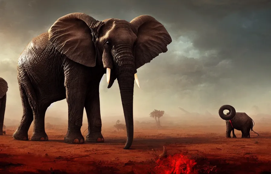 Prompt: cursed dark elephant with burning red eyes, sunny african plains, eldritch horror, character art by Greg Rutkowski, 4k digital render