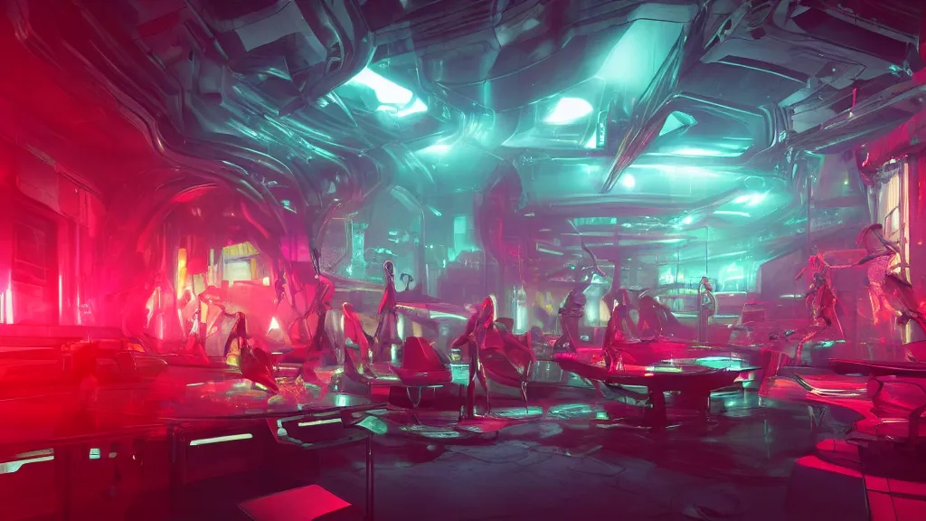 Image similar to sci-fi night club, with exotic female alien dancers standing on platforms, neon lights, fog, smoke and atmosphere, red tones, platforms, circular mechanical structures, faceted shapes, contemporary aesthetic, like concept art on artstation, hyperdetailed, vray render, octane render,