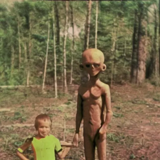 Image similar to alien in soviet children's camp, top secret style, realistic photo, 1 9 7 0 s, color