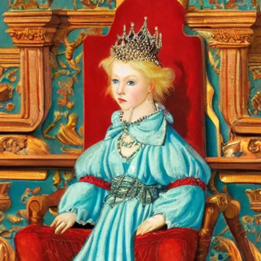 Prompt: a close up portrait of a germanic princess with blonde hair and blue eyes sitting on a wooden throne. she wears a green and red dress. highly detailed