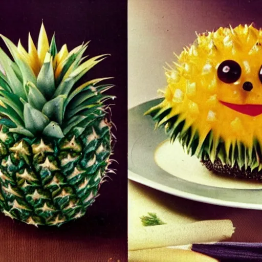 Image similar to color picture of Cheese & Pineapple Hedgehog from 1970's cookbook