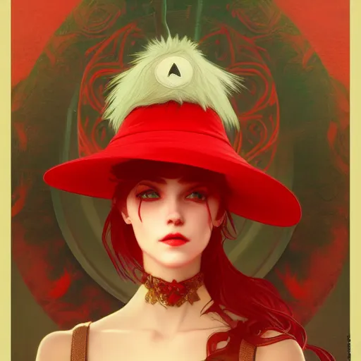 Prompt: a red hat, artstation, Grim fantasy,emotional, EOS R5, f/2.5 , illustration , concept art, award winning photograph, 8k, Alphonse Mucha style,