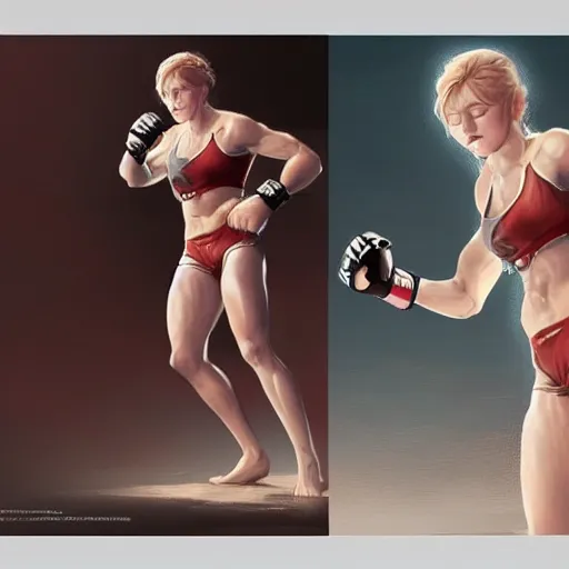 Prompt: female mma fighter, round about to start, intricate, elegant, highly detailed, digital painting, artstation, concept art, smooth, sharp, focus, illustration, art by artgerm and greg rutkowski and alphonse mucha