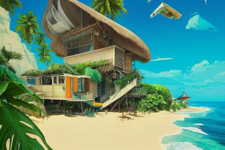 Image similar to a tropical beach cottage by paolo eleuteri serpieri and tomer hanuka and chesley bonestell and daniel merriam and tomokazu matsuyama and makoto shinkai, clearly defined outlines, unreal engine, high resolution render, featured on artstation, octane, 8 k, highly intricate details, vivid colors