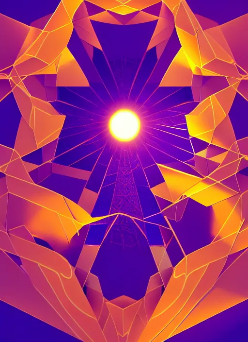 Prompt: geometric fractal, vray, sun flare, symmetrical and intricate, digital painting, trending on artstation, cgsociety, concept art, smooth, sharp focus, cinematic, poster art, concept art, technicolor, ray tracing ambient occlusion