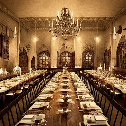 Image similar to incredibly huge castle dining hall with four incredibly long tables with hundreds of chairs full of food, realistic and detailed pencil drawing, artstation