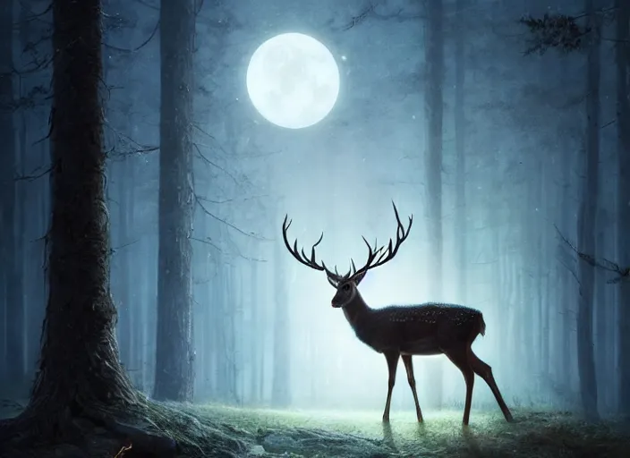 Image similar to deer with glowing antlers, moonlight, art by artgerm and greg rutkowski, cinematic shot, intricate, photorealistic, artstation, realistic, 1 0 0 mm, photography, octane, high definition, depth of field, bokeh, 8 k