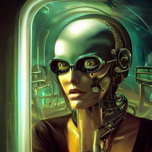 Prompt: detailed face of a woman, clockwork biomechanical woman, moment, undersea glass tunnel, electronic billboards, tech noir, wet reflections, prism, atmospheric, ambient, pj crook, syd mead, livia prima, greg rutkowski, edward hopper