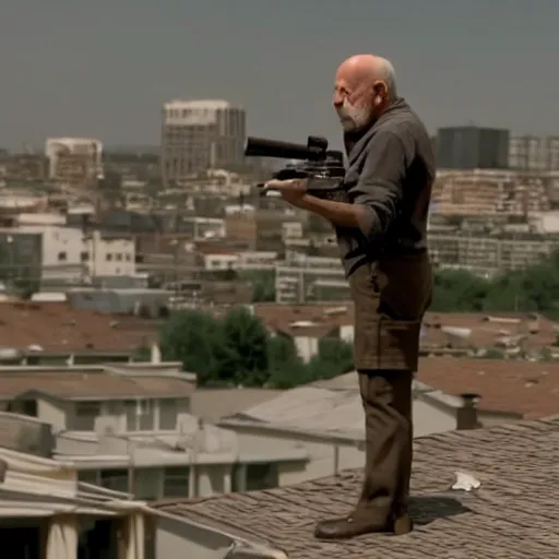 Image similar to film still of mike ehrmantraut aiming with a sniper rifle on a rooftop, 4 k, highly detailed