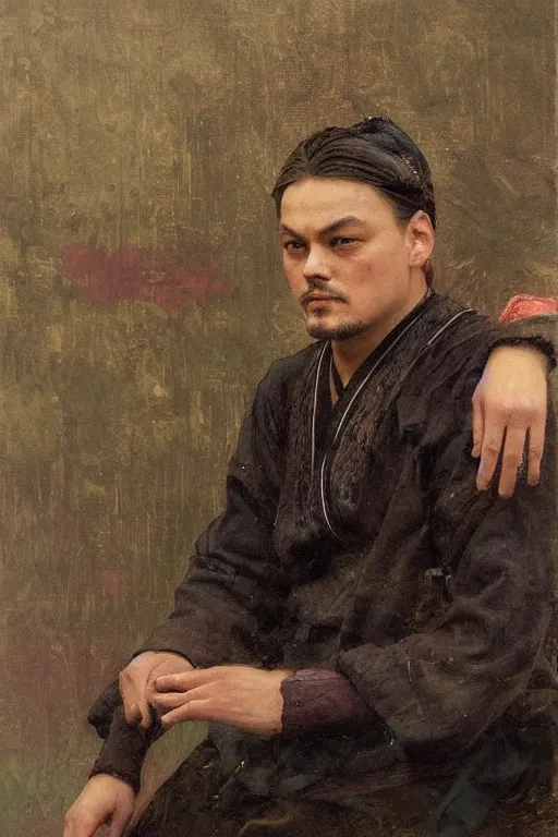 Image similar to di caprio by Solomon Joseph Solomon and Richard Schmid and Jeremy Lipking victorian genre painting full length portrait painting of 张国荣 in traditional costume