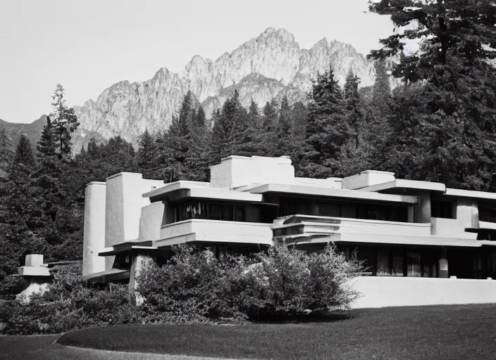 Prompt: photograph of a frank lloyd wright house in front of beautiful mountains by ansel adams, 2 0 0 mm, color film camera, pentax