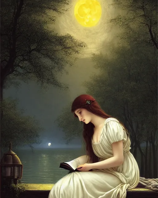 Image similar to girl in white nightgown reading a book by the river, a full moon on the horizon, dark starry sky, dreamy fantasy ambience with golden orbs and fireflies, detailed gothic illustration bright moon light, by edmund blair leighton, brom, charlie bowater, face by otto schmidt