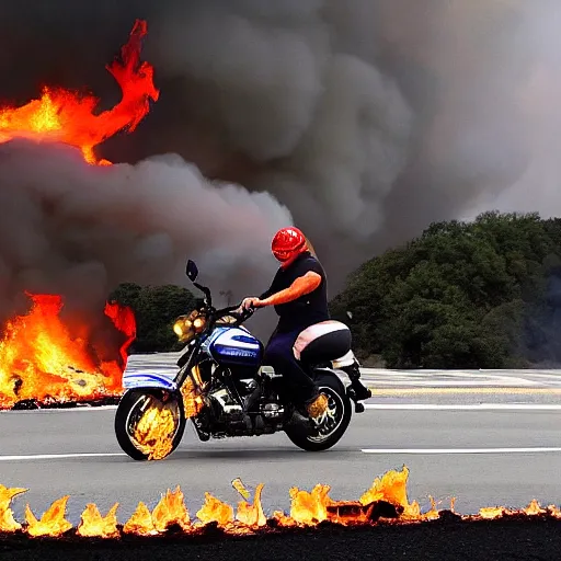 Image similar to Donald trump in a fire-y landscape, riding a motorbike without the helmet on