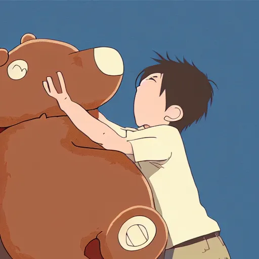 Image similar to young man burying his face on the belly of a giant teddy bear, screaming, cute, studio Ghibli, digital painting,