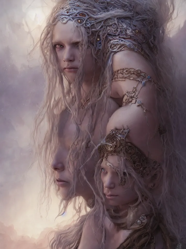 Image similar to fantasy changeling girl with blonde dreadlocks revealing her true nature, staring eyes, dim light, front game card, marvel comics, dark, intricate jewellery, highly detailed, smooth, smirking, artstation, digital illustration by ruan jia and mandy jurgens and artgerm and wayne barlowe and greg rutkowski and zdislav beksinski