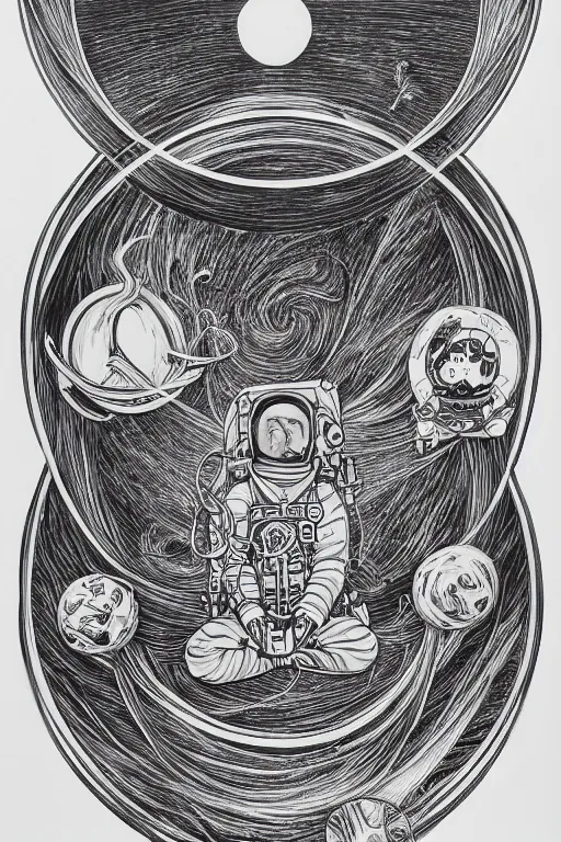 Prompt: 'meditating astronaut by Aaron Horkey, photorealism, line-drawing, black ink on white paper'