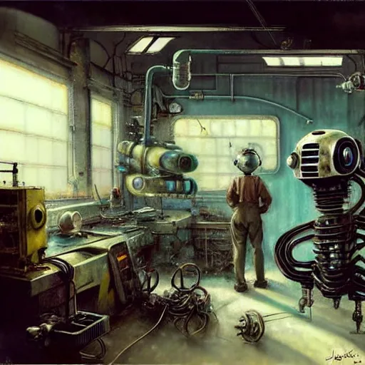 Image similar to ( ( ( ( ( 1 9 5 0 s retro science fiction cluttered robot mechanics shop interior scene. muted colors. ) ) ) ) ) by jean - baptiste monge!!!!!!!!!!!!!!!!!!!!!!!!!!!!!!