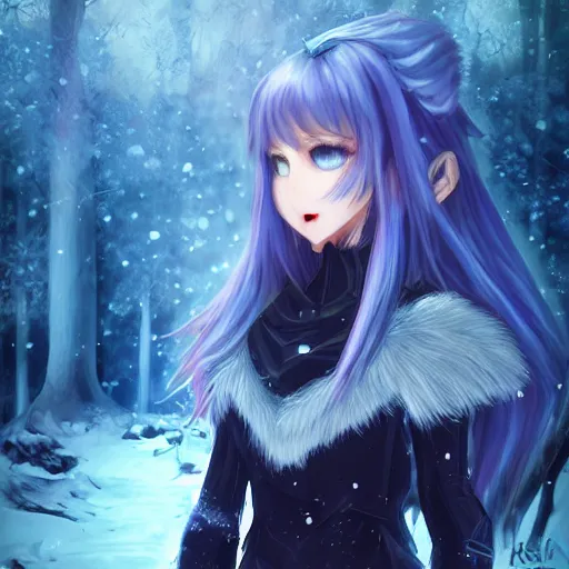 Prompt: focus face portrait of beautiful darkness knight 3D anime girl, ice Armor wearing, dark forest background, snowing, bokeh, inspired by Masami Kurumada, digital painting, high contrast, unreal engine render, volumetric lighting, high détail