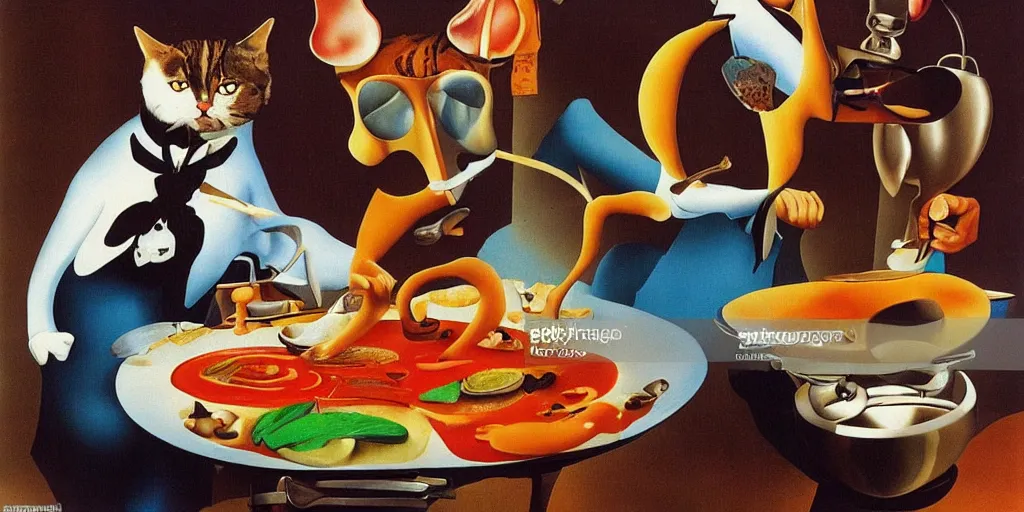 Image similar to anthropomorphic cats chef cooking a delicious colorful soup on TV show, by Salvador Dali