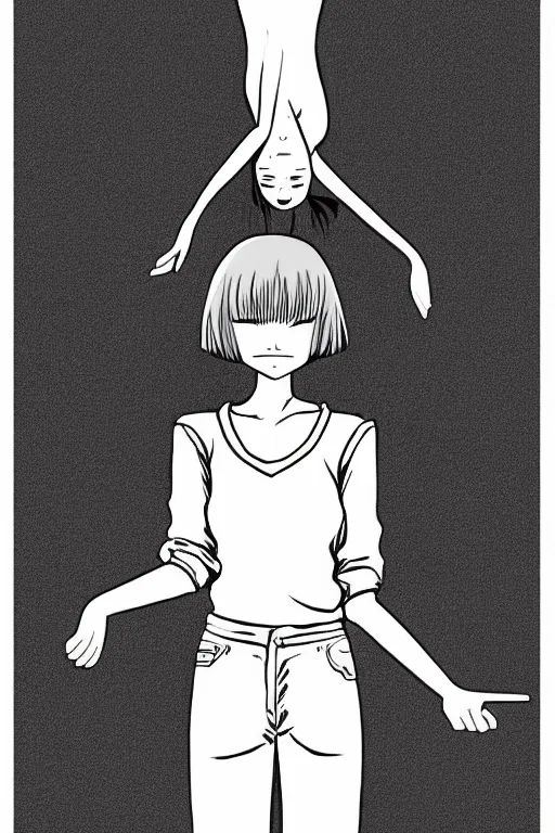 Image similar to portrait of a girl in long pants and a top, hands in pockets, eyes closed, bob haircut, digital art, black and white, lineart by junji ito and kaoru mori