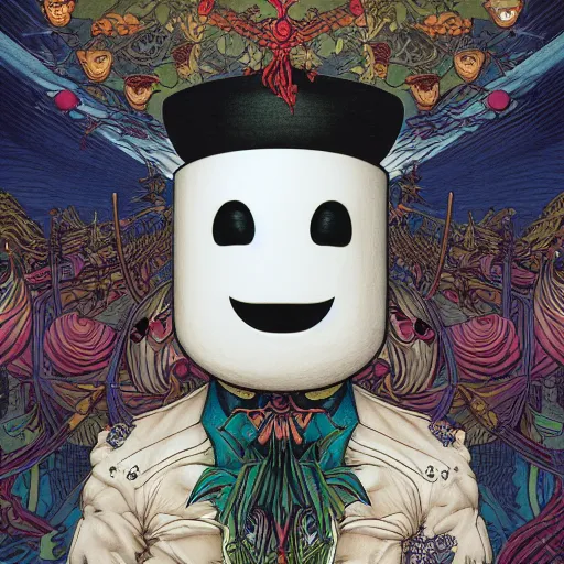 Image similar to portrait of crazy marshmello, symmetrical, by yoichi hatakenaka, masamune shirow, josan gonzales and dan mumford, ayami kojima, takato yamamoto, barclay shaw, karol bak, yukito kishiro