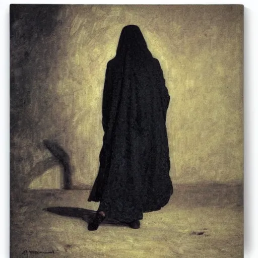 Prompt: Back view of the grim reaper, curvy, intricate, maximalism, deep shadows, award winning, by Ilya Repin