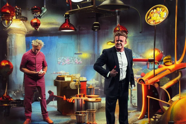 Image similar to A mixed media painting of gordon ramsay inspecting willy-wonka\'s chocolate factory on kitchen nightmares, by Frank Frazetta, Greg Rutkowski, Beeple, post-processing, low angle, masterpiece, cinematic, isometric, volumetric lighting