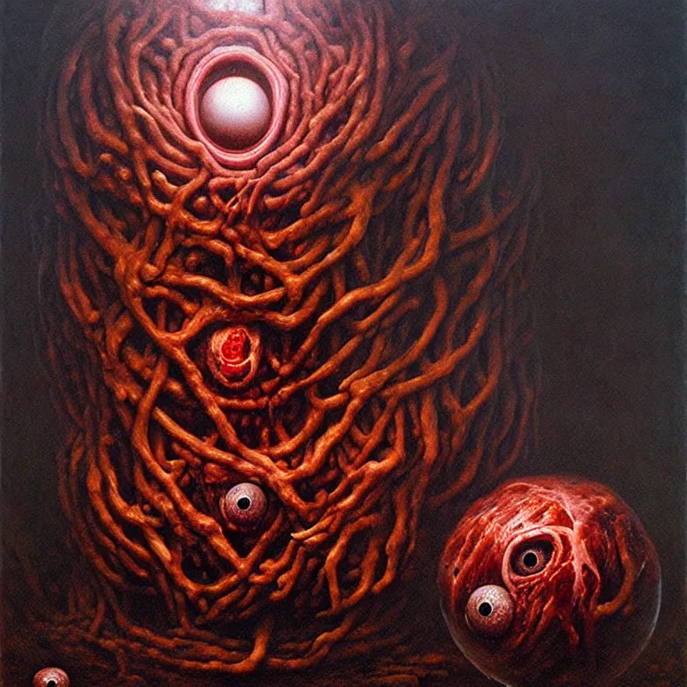 Prompt: a horrifying sphere of meat and eyeballs, by zdzisław beksinski and greg rutkowski, surreal, horror, oil on canvas, dark, nightmare fuel, highly detailed, hd