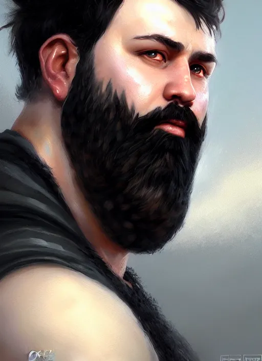 Prompt: a _ fantasy _ style _ portrait _ painting _ of white male short black hair chubby disconnected beard round face, rpg dnd oil _ painting _ unreal _ 5 _ daz. _ rpg _ portrait _ extremely _ detailed _ artgerm _ greg _ rutkowski _ greg