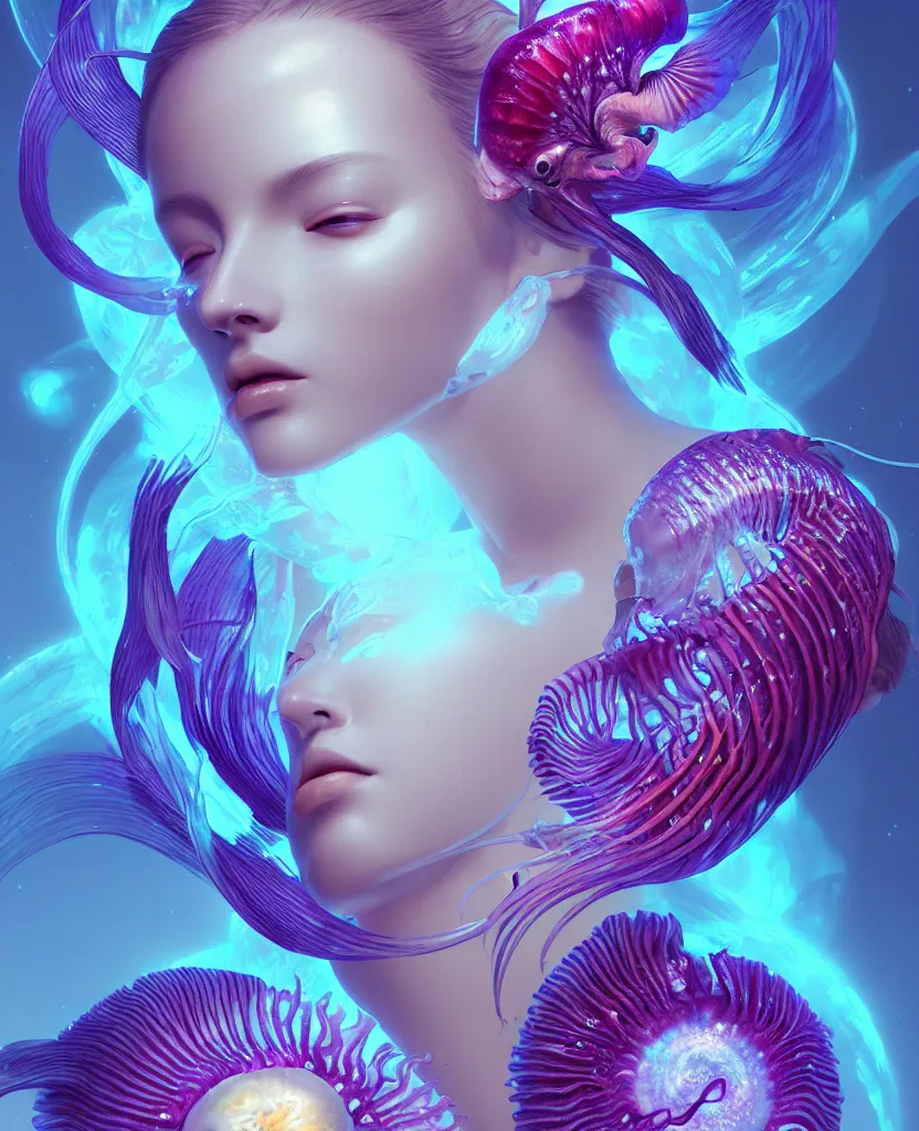 Image similar to goddess close-up portrait. orchid jellyfish phoenix head, nautilus, skull, betta fish, bioluminiscent creatures, intricate artwork by Tooth Wu and wlop and beeple. octane render, trending on artstation, greg rutkowski very coherent symmetrical artwork. cinematic, hyper realism, high detail, octane render, 8k