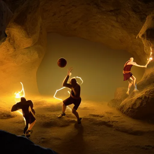 Prompt: high resolution unreal engine render of cavemen playing basketball inside cave at night, cave lit by torch light, stalagmites