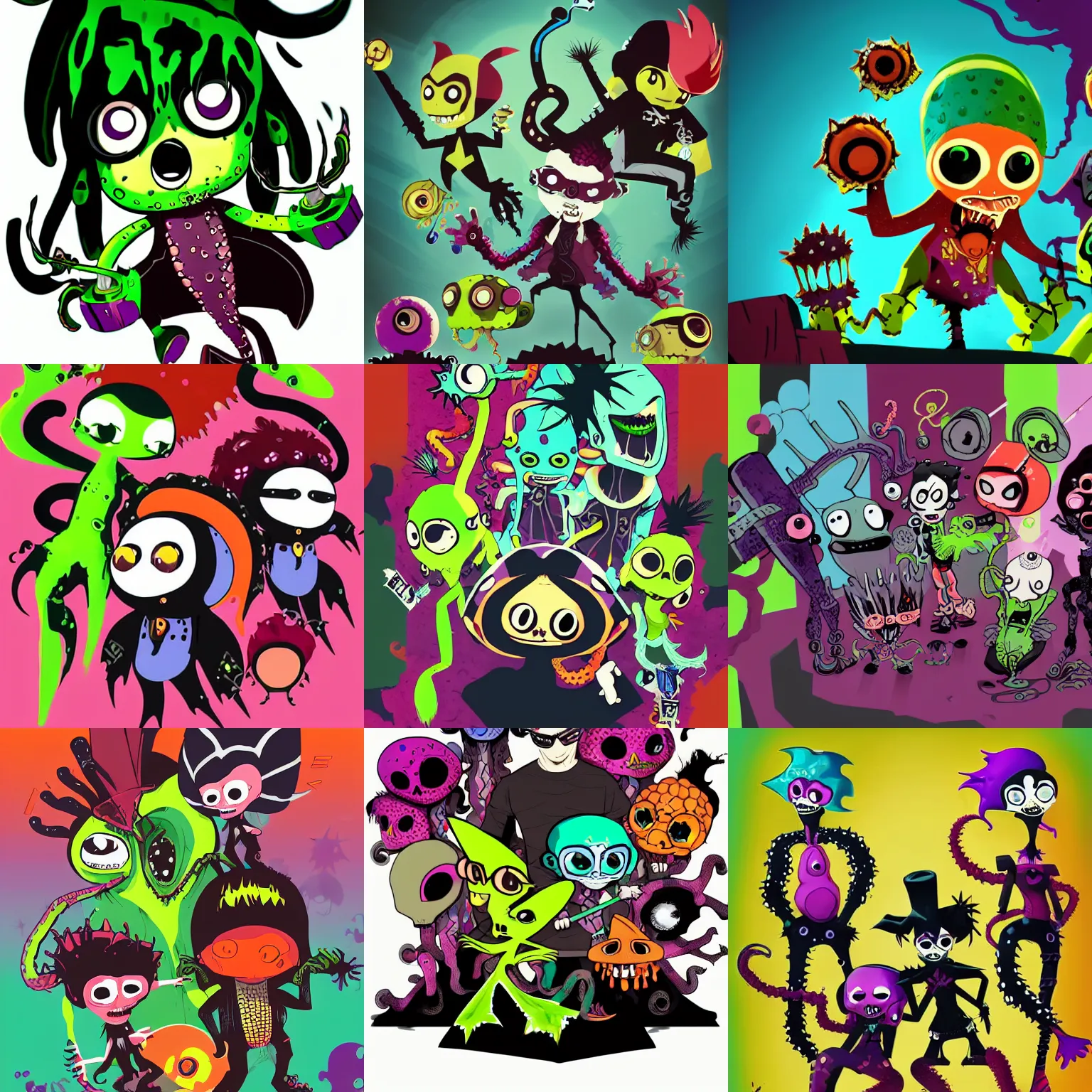 Prompt: punk rock vampiric electrifying rockstar bipedal vampire octopus and sea urchins thuggish punks conceptual character designs of various shapes and sizes by genndy tartakovsky and splatoon by nintendo and tim burton for the psychonauts franchise by doublefine
