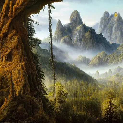 Image similar to a beautiful and highly detailed matte painting of the most epic lush mountains ever, fir trees, intricate details, epic scale, insanely complex, 8 k, sharp focus, hyperrealism, very realistic, by caspar friedrich, greg rutowski, james gurney, zeen chin,