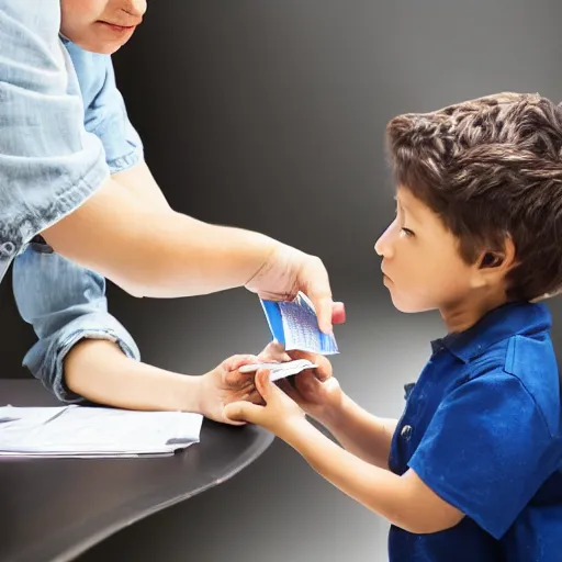 Image similar to a child exchanging a ticket for a coin from an adult, photorealistic