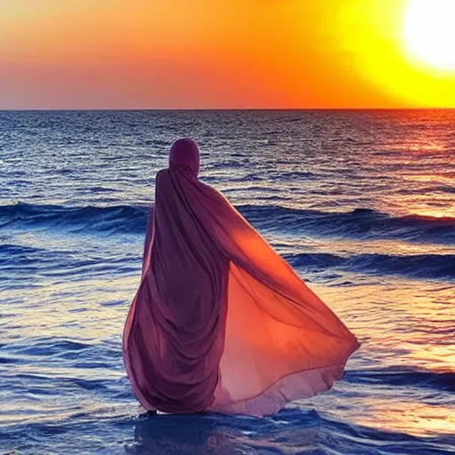 Image similar to A woman wrapped in billowing veils in the sea, under two gilded Roman columns made of human bones, sunset, super photo-realistic