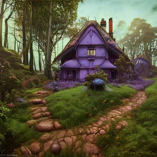 Image similar to hyper realistic homely ornate modern witch cottage distant down a path in the purple swamp gorgeous lighting, blue sky, highly detailed, lush forest by zdzisław beksinski and norman rockwell and greg rutkowskiweta studio, and lucasfilm