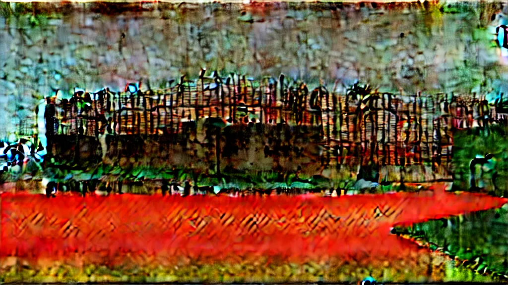 Image similar to a chinese prison near a river by peter doig, muted colors