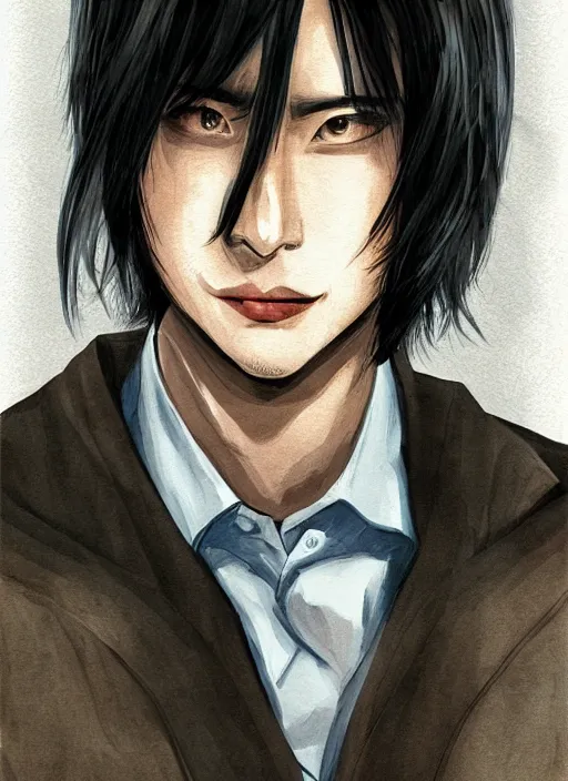 Image similar to portrait illustration by yoji shinakawa, handsome male vampire, focus on face, pretty, long black hair, dark blue shirt, light brown coat