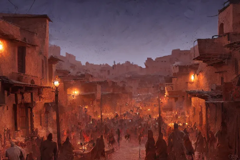 Prompt: in the middle of a adobe house kasbah town, mud and brick houses, merchant street, pueblo architecture, colorful crowd, festival. Scenic view at night, underexposed, clean horizon, matte painting by craig mullins and Anato_Finnstark, dark fantasy, style of game of thrones, concept art trending on artstation, 4k, intricate details